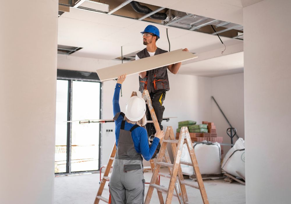 construction workers working as team