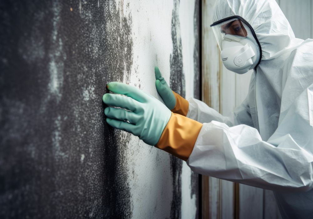 mold inspector wearing protective suit is wearing protective mask gloves