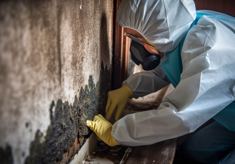woman protective gear inspecting mold growth